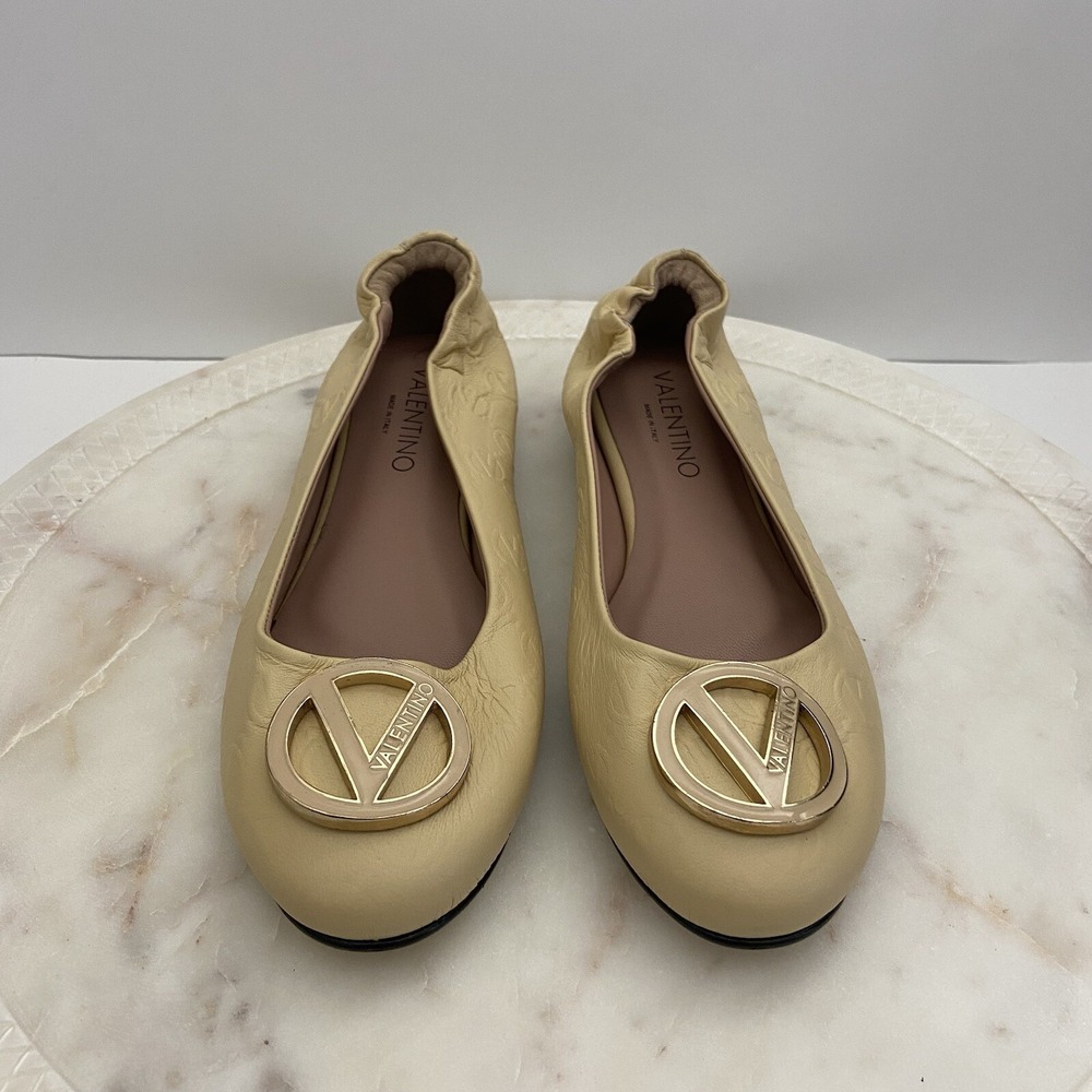 Valentino Mario Ballet Flats Calliope Beige Monogram Leather Shoes Women's 10